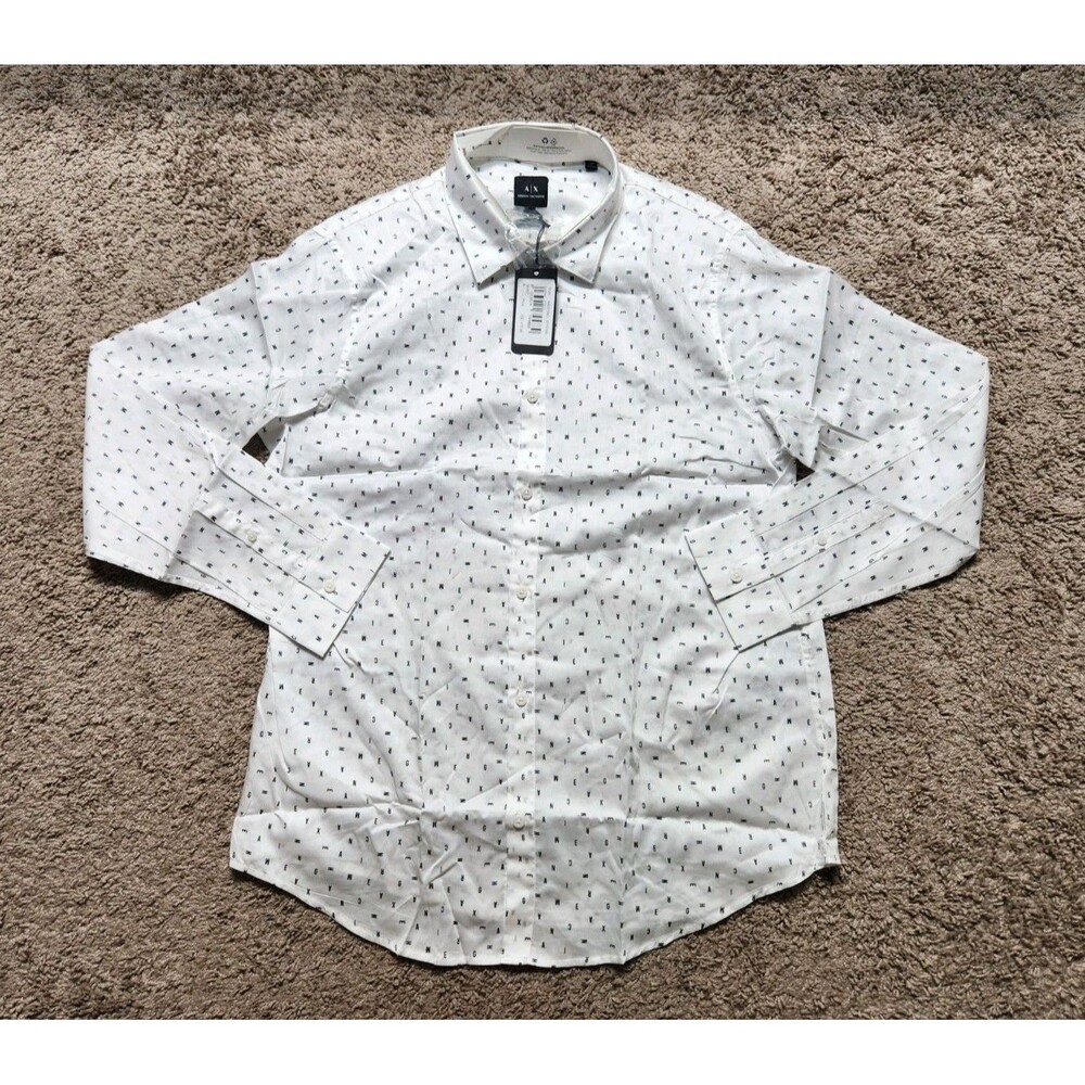 Armani Exchange Mens L Long Sleeve Shirt All Over Letter Logo Print Off White